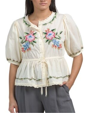 Cream Floral-Embroidered Peasant Blouse with Drawstring NWOT